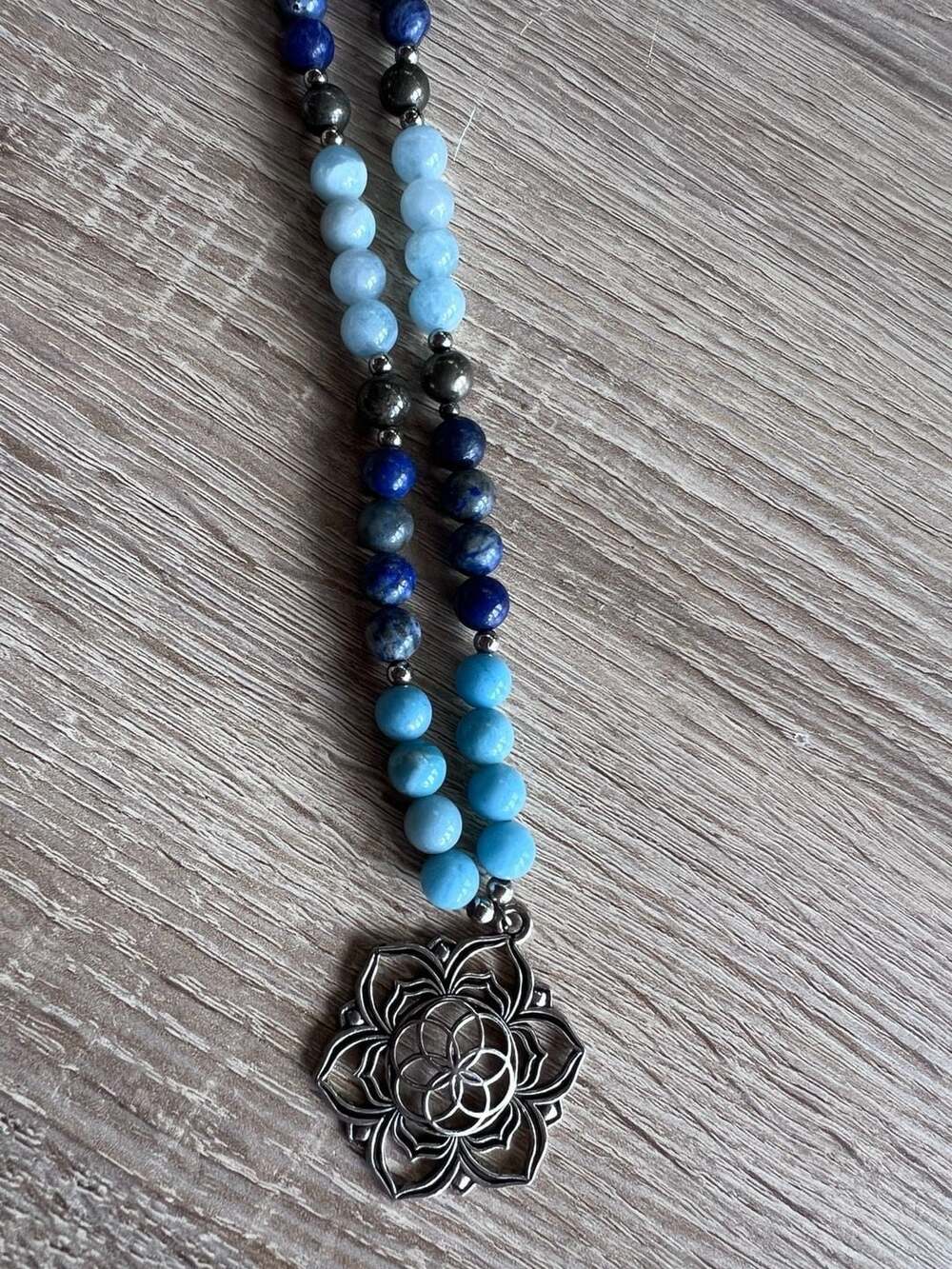 Handmade Crystal Beaded Boho Necklace w/ Lotus Flower Pendant